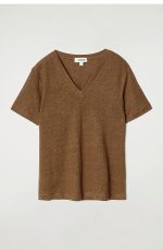 Linen V-Neck T-Shirt Brown - Image 4
