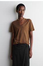 Linen V-Neck T-Shirt Brown