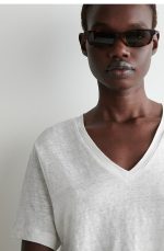 Linen V-Neck T-Shirt White - Image 3