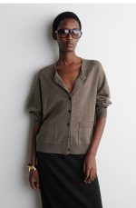 Wool Round-Neck Cardigan Brown
