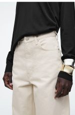 Standard Barrel Mid Waist Denim Beige Spring & Fall Wear Mat - Image 2