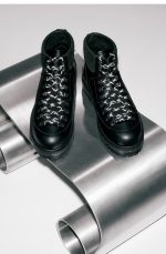 Grainy Leather Trim Hiking Boots Black