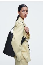 Drawstring Bundle Leather Bucket Bag Black - Image 3