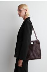 Leather Woven Shoulder Bag Dark Brown - Image 3