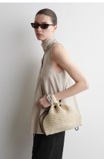 Straw Mini Drawstring Clutch Bag Beige - Image 3