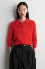 Knitted Polo-Collar Sweater Red