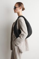 Straw Woven Curved Shoulder Bag Black - Image 3