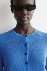 Linen Round-Neck Cardigan Blue - Image 3