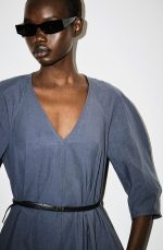 Cotton V-Neck Dress Blue - Image 3